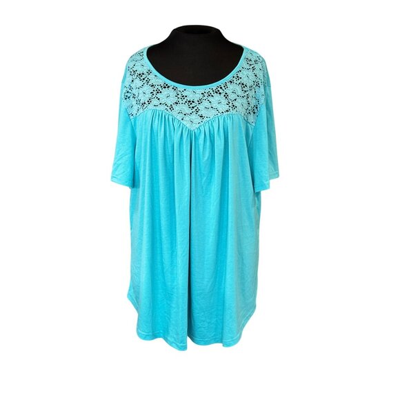 Womens Plus Size 22W Turquoise Lace Yoke Short Sleeve Top 95% Rayon 5% Spandex - Picture 1 of 9